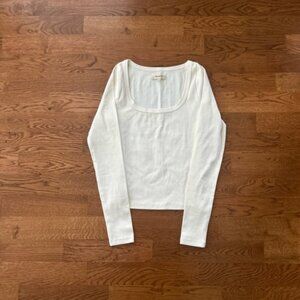 Madewell Ivory Ribbed Square Neck Women Shirt Top Long Sleeve XXS Fitted Tee